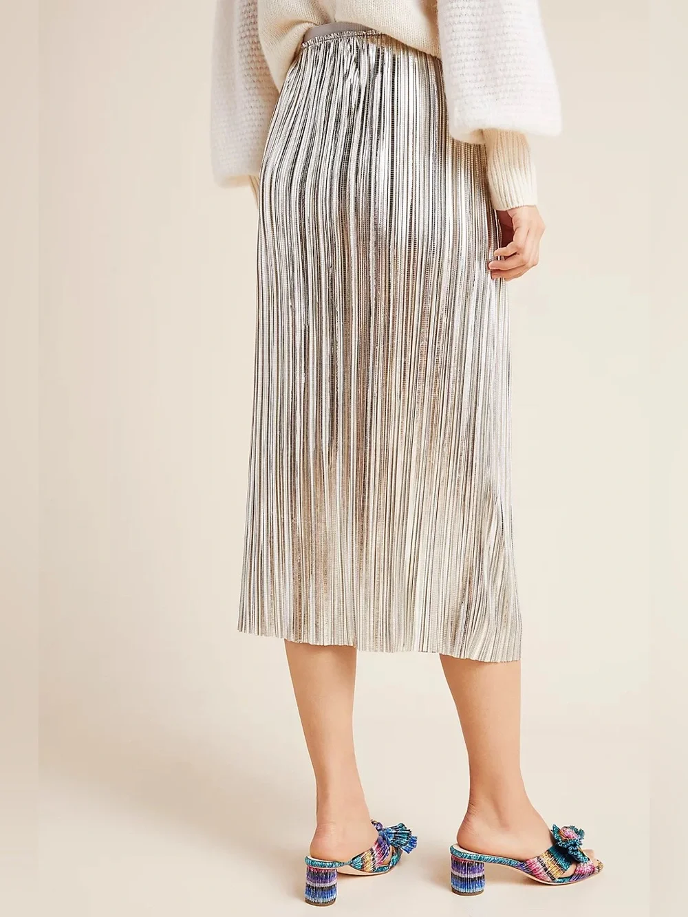 Maeve Metallic Silver Pleated Midi Skirt
